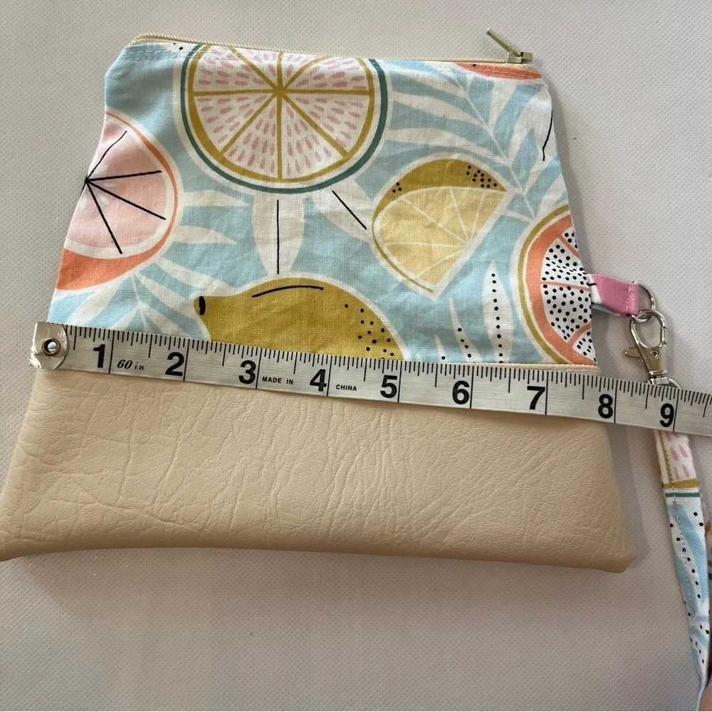 Handmade Fold Over Mini Clutch Wristlet Bag Fruit Fabric Faux Leather